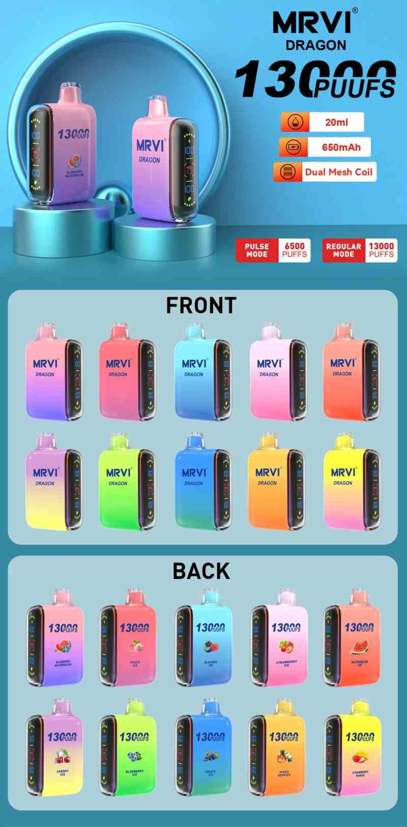 100-Original-Mrvi-Dragon-13K-Puffs-Vape-20ml-Dual-Mesh-Coil-with-Pulse-Mode-Wholesale-E-CigaretteMRVI DRAGON 13K
